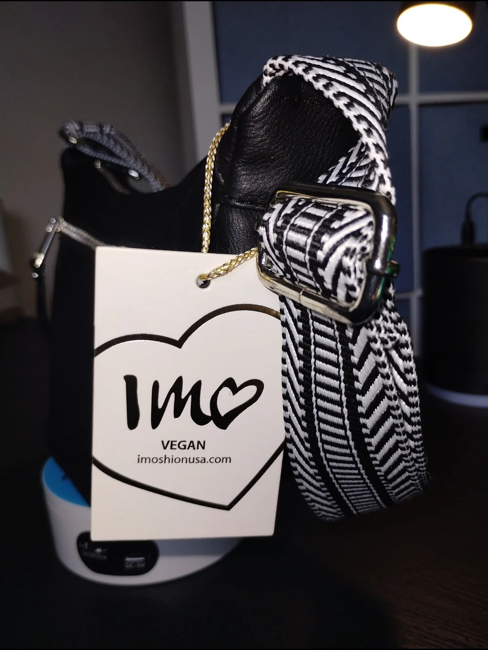 Black Vegan Leather Shoulder Bag with Patterned Strap